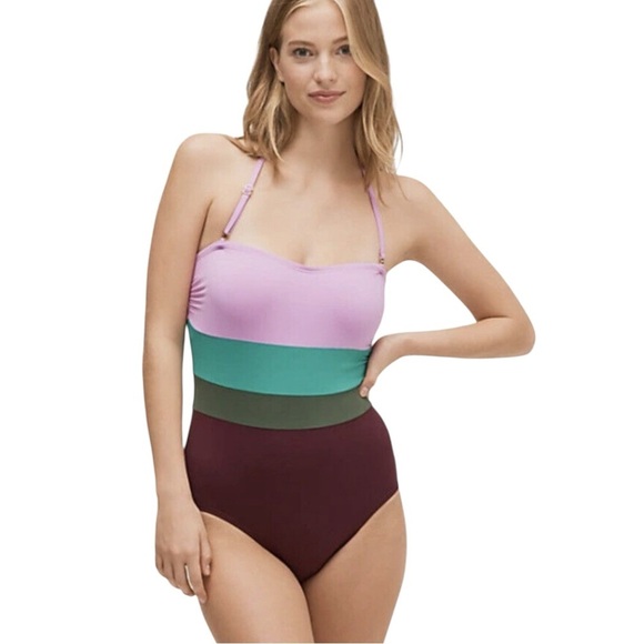 Kate Spade Women's Purple Striped Bandeau One-Piece Swimsuit Size Large - Picture 1 of 12